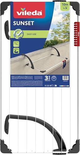 Vileda Sunset Tendedero de balcón de Acero y Resina, 10 Metros de Espacio de tendido, Compacto y Robusto, Soporte para artículos pequeños, Dimensiones Abierto 110 x 56 x 28 cm, Color Blanco