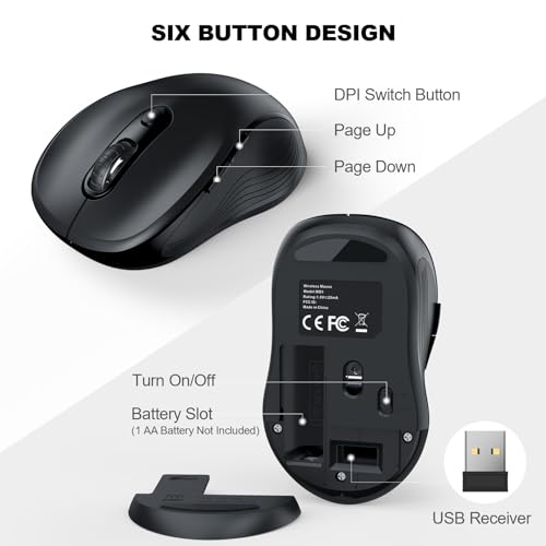 Image of WisFox 2.4G Wireless Mouse for Laptop, Ergonomic Computer Mouse with USB Receiver and Type-C Adapter, 3 Adjustable Levels, 6 Button Cordless Wireless Mice for Windows Mac PC Notebook (Black)