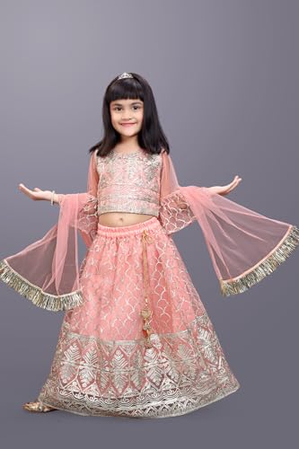 Image of Girl's Princess Lehenga Choli Set - Soft Net, Ribbon Embroidery With Duppata, Readymade