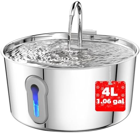 Stainless Steel Cat Water Fountain, 135oz/4L Automatic Pet Fountain Dog Water Dispenser with Ultra-Quiet Pump & 2 Replacement Filters & for Cats Inside, Dogs, Multiple Pets