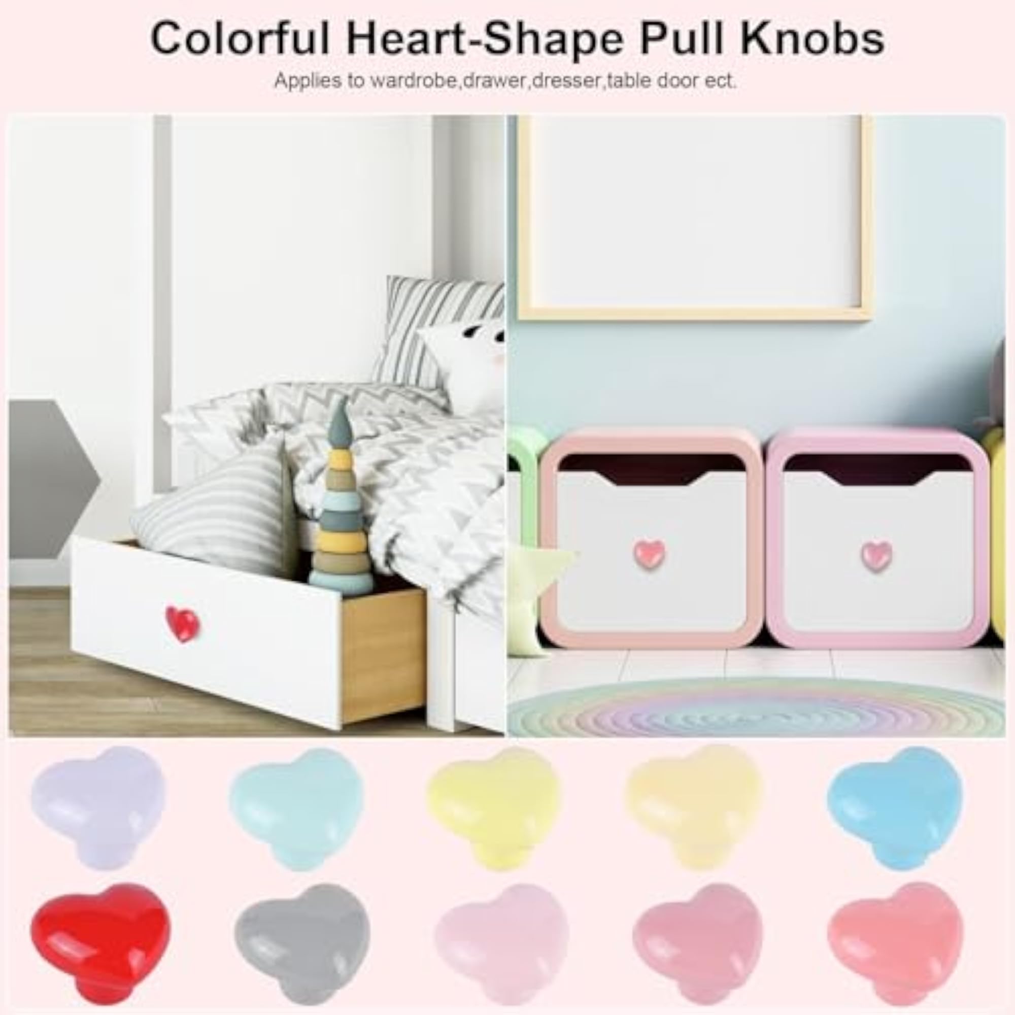 Colorful Ceramic Knobs, Pack of 10, Heart Shape