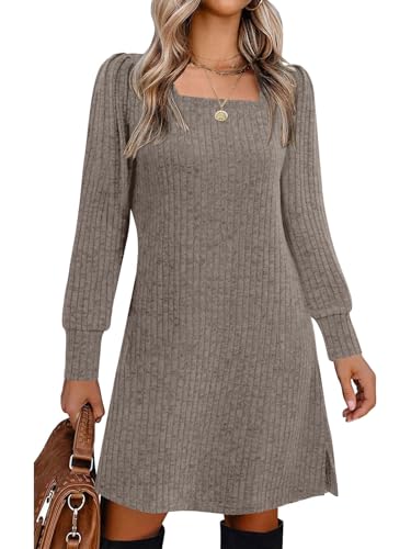 Womens Ribbed Knit Sweater Dress Long Sleeve Square Neck Fall Winter Dresses
