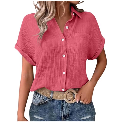 musselin Bluse Musselin Bluse Damen Tshirt Casual Leinenbluse Elegant Tunics Sommer Kurzarm Leinen Knopf Bluses Baumwolle Kurzarm Blusen Tunika Shirt pink L