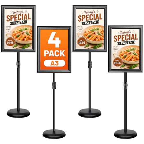 Porte affiche A3 sur pied réglable noir en lot de 4 pour signalétique