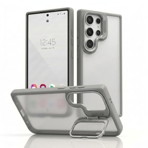 Image of amazon basics Frosted Matte Case for Samsung Galaxy S23 Ultra 5G | Built-in Flip-Out Camera Lens Stand | Translucent Back with Contrast Gray Bumper | Foldable Kickstand