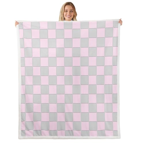 Image of Erosebridal Initial Letter E Fuzzy Plush Throw Pink and White Checkered Fleece Blanket Cute Monogram Plaid Sherpa Blanket for Kids Girls Women,Kawaii Gingham Grids Decor for Bed Couch Queen 90 inchx90 inch