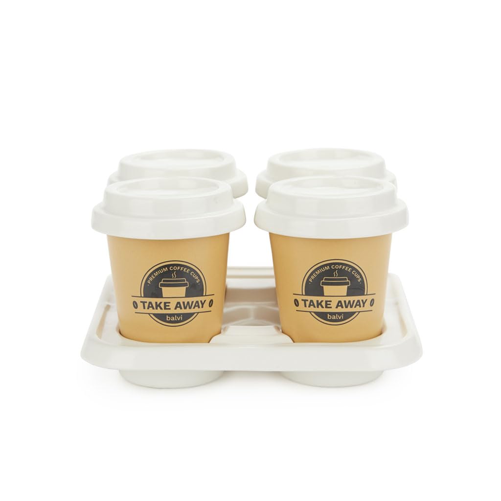 Balvi Set Tazas café Take Away Color Marrón, Blanco Incluyen una Bandeja de Porcelana Porcelana 75 ml