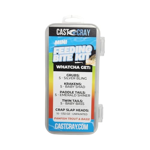 Cast Cray Pocket Kits Feeding Bit Kit, Fishing Lure Set with Grubs, Krakens, Paddle Tails, Twin Tails, Round Heads, Reusable Case, 30 Pieces