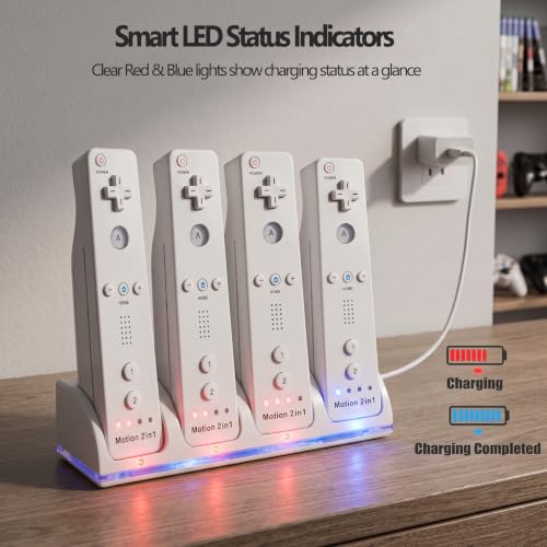 Image of 4-in-1 Charging Station for Wii&Wii U Remote Controller,Charger with 4 Rechargeable Battery Packs (4 Port Charging Station+4 pcs 2800mAh Replacement Batteries+USB Cable),Remote Not Included