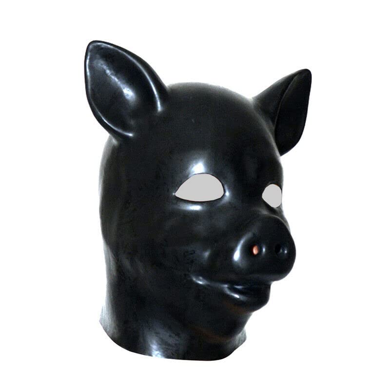 LEIMI Latex Hood Mask Full Cover Latex Pig Animal 3D Heavy Mold Mask Hood Zipped Party Mask (One Size Black)