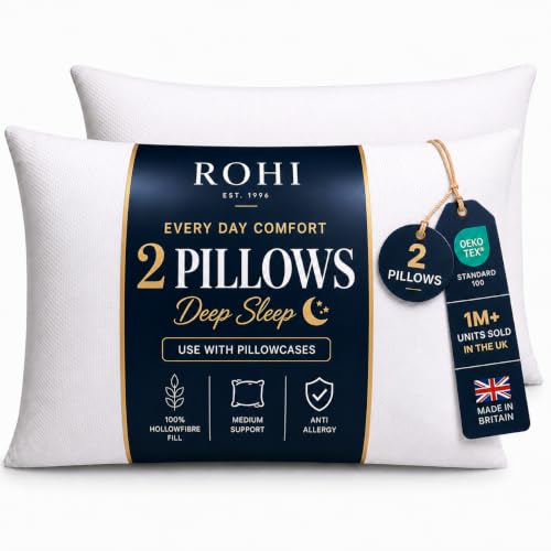 Rohi Everyday Comfort Pillows 2 Pack | Neck Support Hypoallergenic Pillow Inserts | Breathable Medium Firm Pillows for Back Front & Side Sleepers | UK Made 45 × 66 cm
