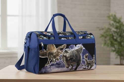 Image of Jurassic World Kids Duffle Bag 16.5 inch - Dinosaur Travel & Sports Bag with Zipper Pocket, Mesh Side Pockets & Strap