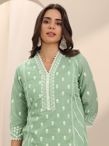 Image of Libas Embroidered Cotton Straight Kurta With Trouser and Dupatta