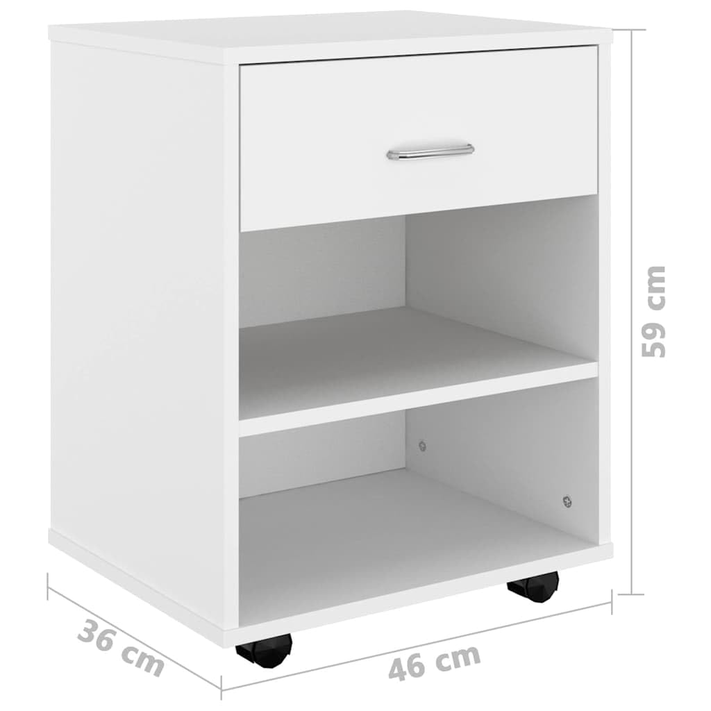 Rollschrank Weiß Holzwerkstoff 46x36x59 cm mit 4 Rollen 2 feststellbar, Aufbewahrungsschrank für Büro, Haushalt, Werkstatt mit Stauraum und Ablagefach, abschließbar, vielseitig einsetzbar