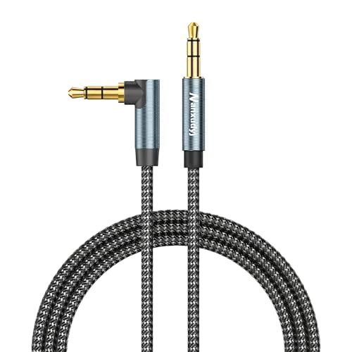 Nanxudyj AUX Cord 6ft, 3.5mm Stereo Audio Cable 90 Degree Right Angle Nylon Braided Male to Male for Car, Headphones, Speaker, PS4/PS5, PC, Tablets - Hi-Fi Sound Portable TRS Auxiliary Cable