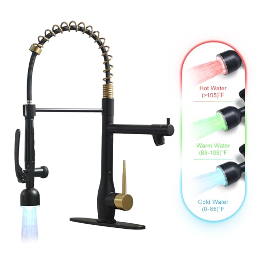 Image of GIMILI Black and Gold Kitchen Faucet with LED Single Handle Kitchen Sink Faucet with Pull Down Sprayer Commercial Double-Headed Stainless Steel Kitchen Faucets Sink with Deck Plate