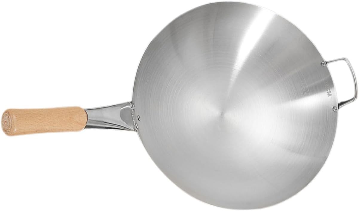 Stainless Steel Frying Wok with Wooden Handle Capacity Easy to Clean Cooking Tool for Stir-frying Induction Compatible for Home and Restaurant Use