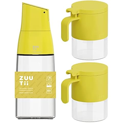 Zuutii Oil Dispenser 17 oz with Spice Jars Set of 2 10 oz with Spoons ,Seasoning Storage Jars with Flapper Caps for Salt, Sugar, Peppers, for Kitchen Yellow Cover