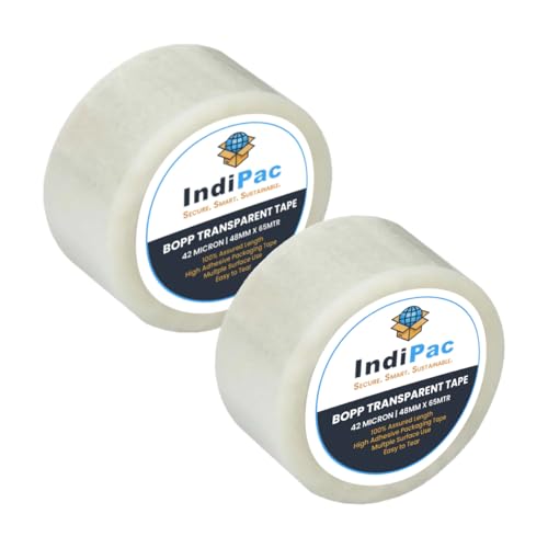Image of Indipac BOPP Transparent Cello Tape 2 Inch 65m Roll - Heavy Duty Sealing Tape for Carton Box Packing, Warehouse, Industrial, Office & Ecommerce Packaging Tapes (Pack of 2)