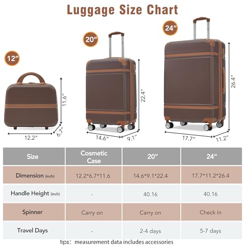 Merax Luggage Set 2 Piece Suitcase Set with Cosmetic Case Expandable Spinner Wheels Vintage Luggage Sets(Brown,20"+24")3
