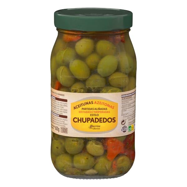 Huerta de Barros Olives Vertes Chupadedos Cassées et Assaisonnées, Bocal 980g, Lot de 3