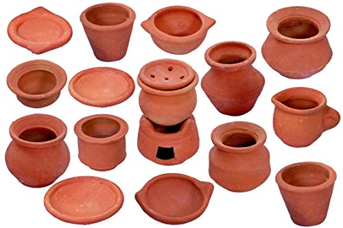 JST Earthen/Clay/Terracotta Brown Kitchen Miniature Toy Set for Cooking Set – 17 Pieces