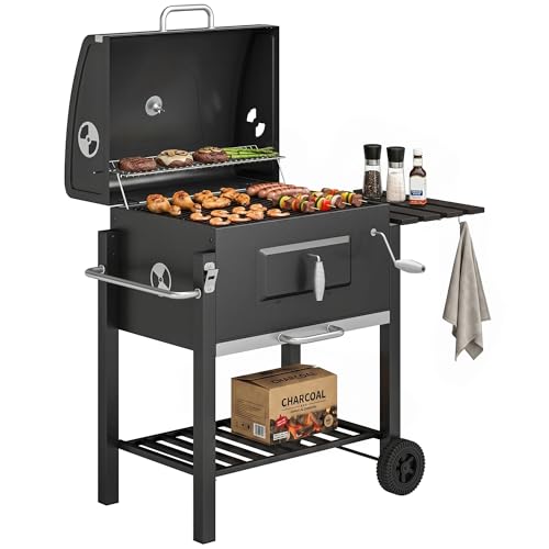 Outsunny Barbacoa de Carbón con Ruedas Barbacoa con Tapa Parrillas de Acero Inoxidable Termómetro Brasero Ajustable Bandeja Lateral y Estante 113x65x108 cm Negro