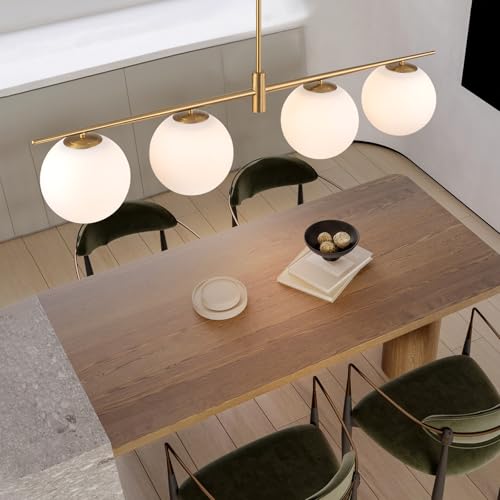 Image of 45.3 inch Modern Linear Chandelier 4-Lights Milk Glass Globe Linear Pendant Light Fixture Brushed Gold Mid Century Chandelier Kitchen Island Dining Room Light Fixture Over Table
