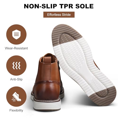 Mens Dress Boots, Genuine Leather Brogue Wingtip Mens Casual Oxford Boots with Side Zipper, Comfortable Formal Lace Up Chukka Ankle Boot for Men 5