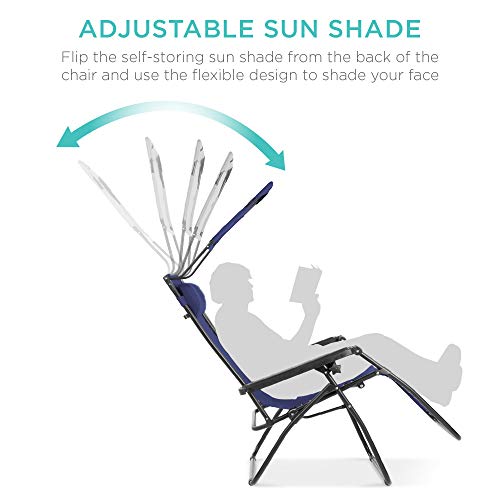 Best Choice Products Folding Zero Gravity Outdoor Recliner Patio Lounge Chair W/Adjustable Canopy Shade, Headrest, Side Accessory Tray, Textilene Mesh - Navy Blue #TOP2
