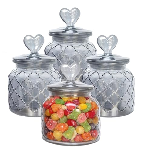Image of MARTVIA Black Glass Food Storage Jars with Glass Lids 700 ML Set of 4, Love Heart Handle Lid Jar for Home Kitchen,Flour, Sugar, Coffee, Pasta, Oats, Cookies, Snacks (Love 700ML Jar, SET OF 4)