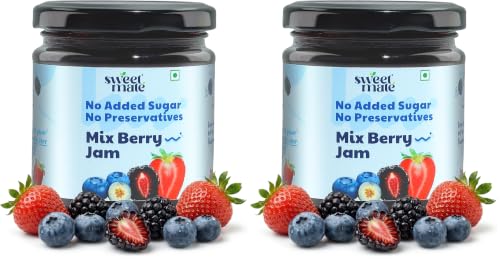Image of Sweetmate Mix Berry Jam - 220g | No Added Sugar | 100% Pure Fruit Pulp & Healthy Fiber | No Preservatives, Colors & Artificial Flavors | Diabetic & Keto Friendly Jam (Pack of 2)