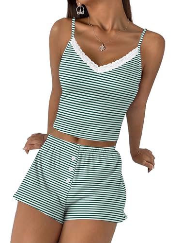 Image of Ekouaer Cami Pajama Sets Y2K 2 Piece Lace Crop Top and Shorts Sexy Pjs Summer Lingerie Sleepwear Nightwear for Women