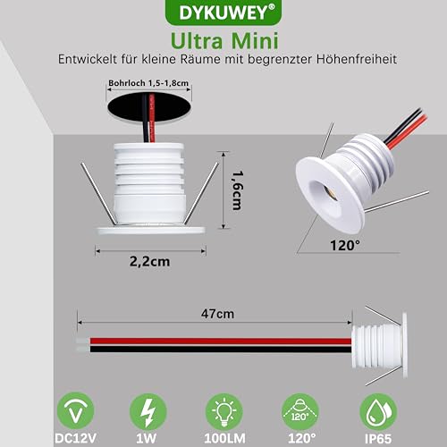 Einbaustrahler LED 1W, mini led Spot,led einbaustrahler 12V Lochmaß 15-18mm,Deckenspots IP65 Einbauspots Warmweiß,Led spot für Carport Badezimmer Küche,mit 230V Trafo,15er set (Weiß,Warmweiß 3000k)