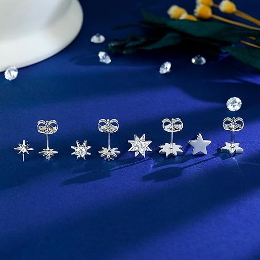 4 Pairs White Gold Star Stud Earrings for Women Hypoallergenic Silver Celestial Sun and Moon Crescent Earrings Set for Sensitive Ears - Image 5