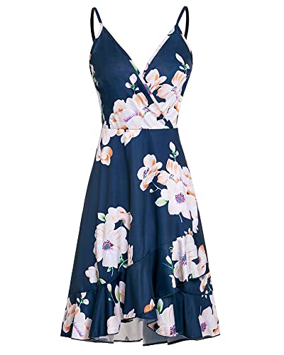 Image of ULTRANICE Womens Summer Dresses Floral V Neck Ruffled Hem Spaghetti Spring Casual Beach Outfits Flowy Wrap Sun Dress