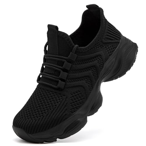 YOSFDC Womens Shoes Black Tennis Running Fashion Platform Sneakers Slip on Breathable Walking Gym Athletic Ladies Chunky Shoe Size 8
