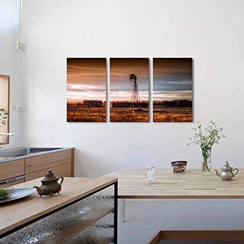Hardy Gallery Windmill Artwork Rustic Landscape Picture: Farmhouse Painting Wall Art Print On Canvas For Bedroom (16'' X 26'' X 3 Panels) #TOP4