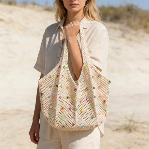 Image of Boho Crochet Beach Tote Shoulder Bag with Colored Beads | Colorful Aesthetic Hippie Knit Bag for Women