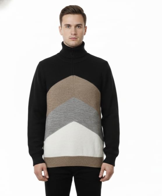 Men's Turtleneck Sweater, Colorblock Chevron Pattern, Black Beige Grey White | Size : L-picture-20