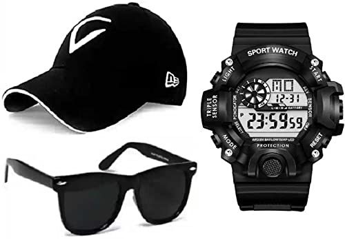 PUTHAK Combo Pack of 3 Stylish Dial Watch, Stylish Sport Baseball Cap & Stylish Aviator Wayfarer Sunglass for Mens and Boys (Pack of 3) PTHK-1705 (B09JCNYH6R) Amazon Price History, Amazon Price Tracker