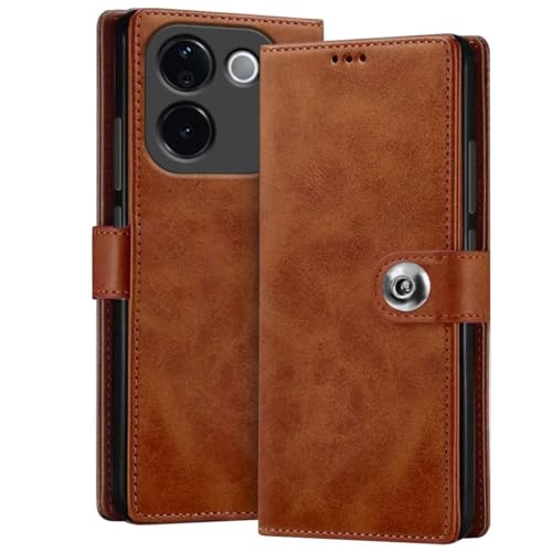 Image of Genuine Leather Inside Back TPU Wallet Button Magnetic Compatible Model Flip Cover for Vivo V2404 / T3Pro 5G - Brown