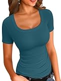 VICHYIE Short Sleeve Shirts for Women Tops Ribbed Slim Fitted Summer Square Neck Pullover Tee Cute Tshirts Teal M