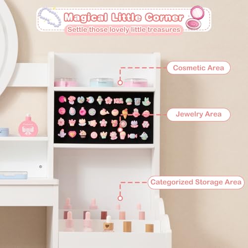 Image of INFANS Kids Vanity with Lights, Princess Makeup Desk with Mirror Storage Shelves, Toddler Table and Chair Set Pretend Play for Girls Aged 4-9 (Cream White)