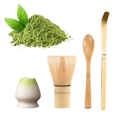 Juego de 4 accesorios para ceremonia de matcha, herramientas japonesas hechas a mano: soporte para batidor de bambú, cuchara, cuchara de té tradicional