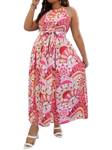 Image of Floerns Women's Plus Size Boho Sleeveless Halter Neck Tie Back A Line Long Dress
