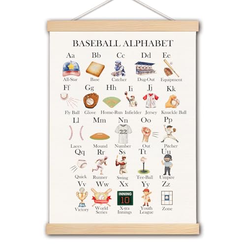 Image of pouep Baseball Alphabet Nursery Wall Art Poster, Baseball Room Decor for Boys, Sports ABC Alphabet Educational Canvas Prints Wall Decor for Kids Boys Bedroom Dorm Nursery, 12x16 Inches