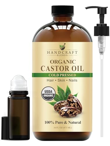 Handcraft Blends Cold-Pressed Organic Castor Oil 16 Fl Oz | Glass Bottle | Roll on Bottle | 100% Pure and Natural | Premium Grade Carrier Oil | Hair, Eyelashes and Eyebrows | Hair and Body