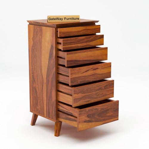 Image of GateWay Furniture Sheesham Wooden Chest of Drawers Wooden Dresser for Bedroom with 6 Drawers | Solid Wooden Storage Cabinet for Living Room | Chest Drawer Cabinet | Clothes Organizer (Santiago Honey1)