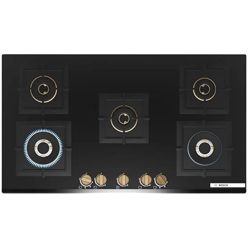 Bosch Built in Gas Hob Black Tempered glass Glass 5 Burner Auto Ignition 90 cm Full Brass 3D Ring Burners with Matt Black Heat Shields & Cast Iron pan supports (PNV9B6G20I)